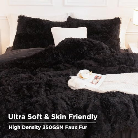 Andency King Size Comforter Set Black, Fluffy Winter Faux Fur Warm Soft Plush Bedding Comforter Set (1 Velvet Comforter & 2 Pillowcases), Fuzzy Thick Heavy Puffy Comforters Bed Set Andency