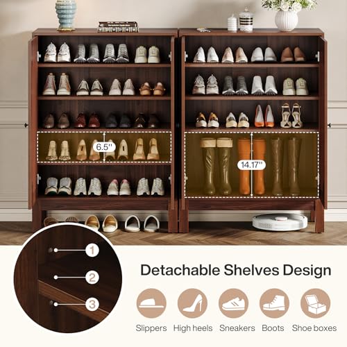 Tribesigns Shoe Cabinet with Doors, 5-Tier Shoe Storage Cabinet with Adjustable Shelves, 20 Pairs Wooden Shoe Rack Organizer, Tall Narrow Shoe Cabinet for Entryway, Hallway, Living Room, Walnut Tribesigns