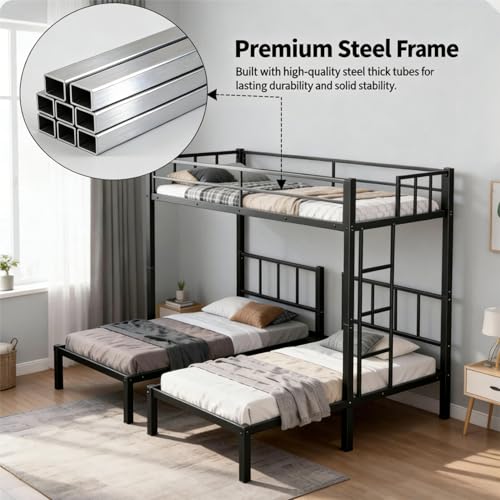 Mixcous Triple Bunk Bed Twin XL Over Twin & Twin, Heavy Duty Metal Bed Convertible to 3 Beds for Teens & Adults, Bunk Bed Frame with Adjustable Ladder, Noise-Free, Ideal for Space-Saving Needs, Black Mixcous