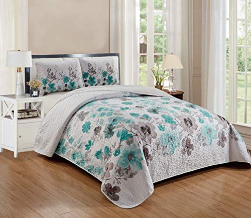 Luxury Home Collection 3 Piece Full/Queen Quilted Reversible Coverlet Bedspread Set Floral Printed Turquoise White Gray Luxury Home