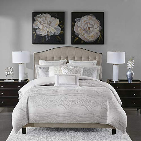 Madison Park Signature Glam Cozy Comforter Set - All Season Bedding Combo Filled Insert and Removable Duvet Cover, Shams, Decorative Pillows, Metallic White King(110"x96") 10 Piece Madison Park