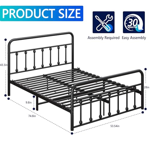erosoei Metal Full Single Bed Frame with Storage Space, 74.8" in Steel Bed Frame with Protective Foot Pads, Strong Bearing Capacity Full Size Bed, Easy Assembly, Underbed Storage Space（43.3 inch） erosoei