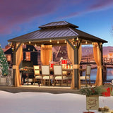 MELLCOM 10'x12' Hardtop Gazebo, Galvanized Steel Metal Double Roof Aluminum Gazebo with Curtain and Netting, Brown Permanent Pavilion Gazebo for Patio, Lawn & Garden MELLCOM