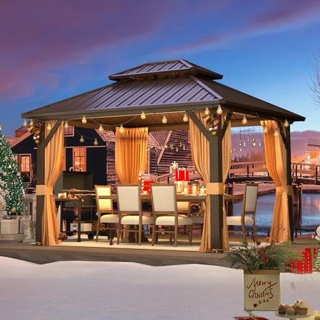 MELLCOM 10'x12' Hardtop Gazebo, Galvanized Steel Metal Double Roof Aluminum Gazebo with Curtain and Netting, Brown Permanent Pavilion Gazebo for Patio, Lawn & Garden MELLCOM