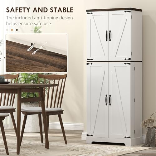 HOMCOM 64" Kitchen Pantry Cabinet with LED Motion Sensor Light, Farmhouse Tall Storage Cabinet with Adjustable Shelves, Cupboard for Living Room, Dining Room, White HOMCOM