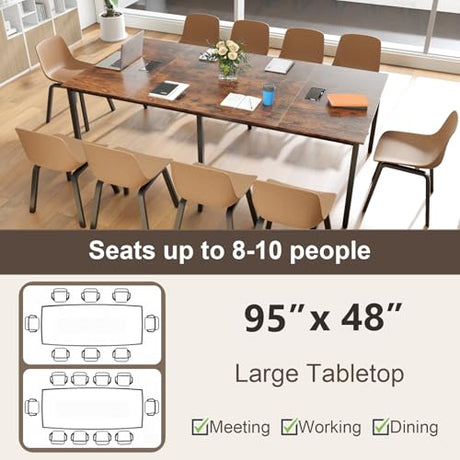 GOFLAME 8 FT Conference Room Table, Large Meeting Desk Seats up to 10 People, 2 Cable Grommets, Rectangle Seminar, Business Table, Training for Office, Boardroom, Rustic Brown + Black GOFLAME