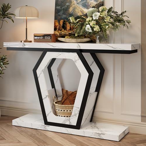 FUSUNBAO 47.3" Console Table,Openwork Bracket Sofa Table, Wood Narrow Entryway Table for Hallway, Behind The Couch, Living Room, Foyer, Easy Assembly（White Marble Texture） FUSUNBAO