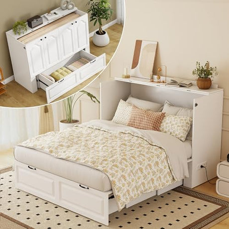 Jotirxe Full Size Murphy Bed with Storage & Charging Station, Modern Cabinet Bed with Foldable Platform, Hideaway Beds with Drawers for Small Spaces, Office, Guest Room, White Jotirxe