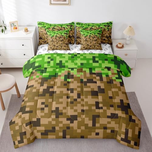 Miners Style Square Grid 7Pcs Comforter Set Twin Size,Brown Green Army Camo Bedding Set for Kids Boys Teens Men Room Decor,Cartoon Gamepad Reversible Bed in a Bag Pixelated Games Flat Fitted Sheet Castle Fairy