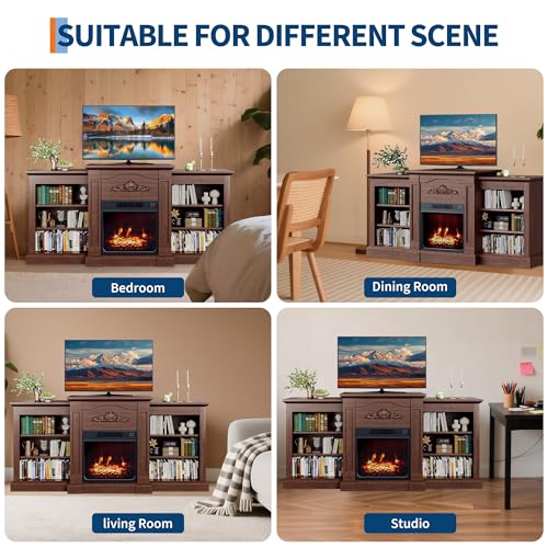 67" Fireplace TV Stand with Mantel, 18" Electric Fireplace Insert & Cabinets, Entertainment Center for Living Room or Bedroom, Fits TVs Up to 67", Remote Control, Brown PeakPursuit