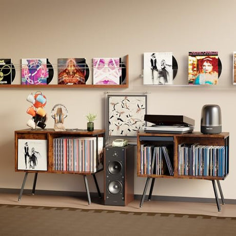 Faesun Flip Top Record Player Stand, Large Record Player Table with Open Storage Holds up to 150+ Albums, Mid Century Turntable Stand, Stereo Cabinet for Speakers, for Living Room, Bedroom, Rustic Faesun