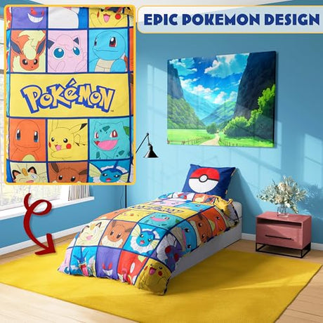 Get Trend Pokemon Single Duvet Cover Set with Pillowcase for Boys, 53"x79", Reversible Pikachu Design, Soft Boys Bedding, Gifts for Kids (Multi Pokemon) Get Trend