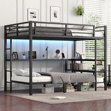 Full XL Over Twin Bunk Bed with Desk and Shelves, Metal Loft Bed with LED and USB, Multiple Placement, Black Bellemave