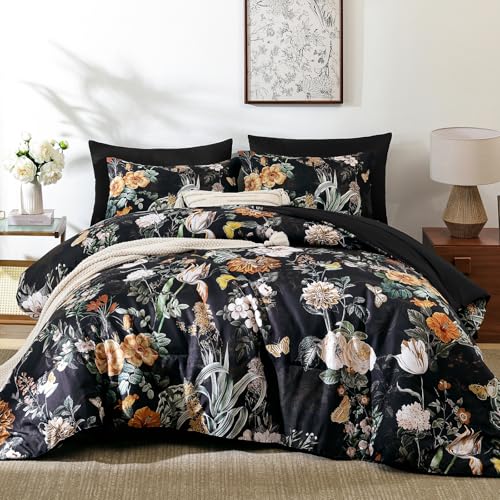 WONGS BEDDING Black Comforter Set Queen, 7 Pieces Bed in a Bag Botanical Floral Comforter Bedding Set, Soft Microfiber Comforter with Flat Sheet, Fitted Sheet, Pillow Shams, Pillowcases WONGS BEDDING