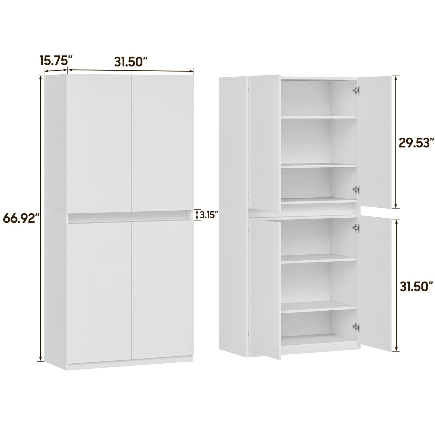 67'' H Kitchen Storage Cabinet, Modern Buffet Cabinet with Light Strip, Large Storage Cabinet with 4 Movable Shelves, Storage Cabinet with 4 High Gloss Cabinet Doors，Kitchen,Hallway(White)