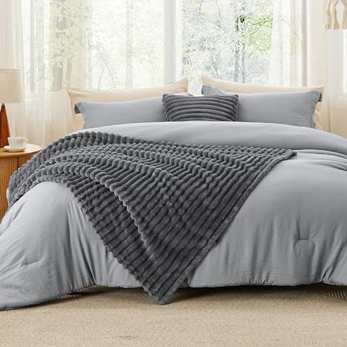 Bedsure Full Comforter Set 5 Pieces - Bed in a Bag with Fleece Throw Blanket and Decorative Pillow, Lightweight Bedding Comforter Sets, All Season Bedding, Dark Grey Bedsure