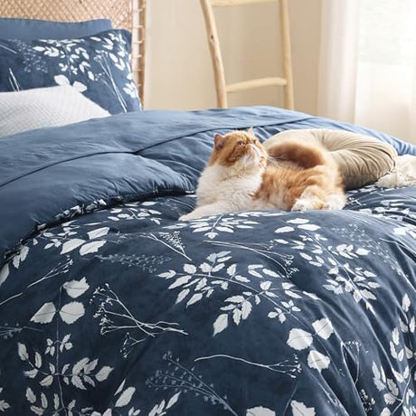 Bedsure King Size Comforter Set - 7 Pieces Floral Navy Soft Bedding Sets, King Bed in a Bag with Botanical Flowers Comforter, Sheets, Pillowcases & Shams Bedsure