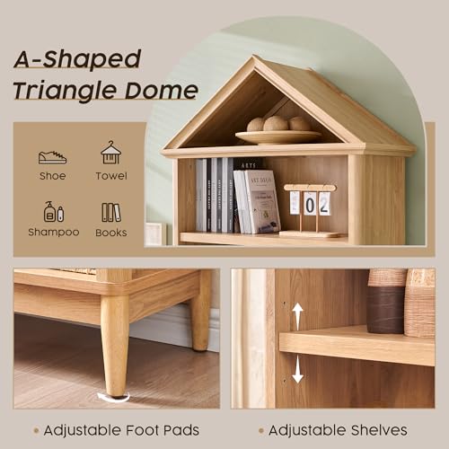 75.9" Tall Farmhouse Bookcase, Angle Arched 5 Tiers Large Bookshelf with Adjustable Shelves, Modern Wooden Geometric Book Shelf w/Storage and Open Display Shelves for Living Room, Office-Natural IFGET