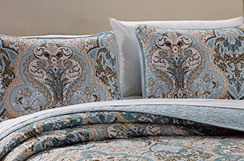 Luxury Home Collection 3 Piece Full/Queen Quilted Reversible Coverlet Bedspread Set Floral Printed Blue Taupe Luxury Home