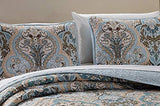 Luxury Home Collection 3 Piece Full/Queen Quilted Reversible Coverlet Bedspread Set Floral Printed Blue Taupe Luxury Home