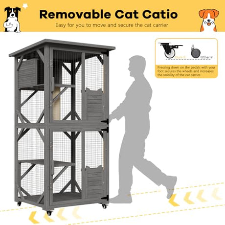 OFIKA Outdoor Catio Cat Enclosure with Waterproof Roof,Platforms,Upgraded Resting Box, 70.4’’cat Houses & Condos on Wheels for Outdoor Patio,Cat Window Box,Scratching Post（Grey0） OFIKA