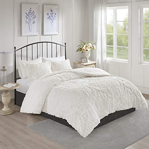 Madison Park Tufted Chenille Cotton Comforter, All Season Bedding Set, Matching Shams, Viola, Damask Off White King/Cal King(104"x92") 3 Piece Madison Park