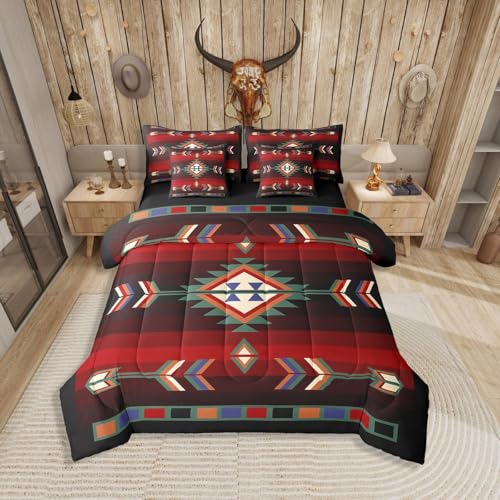 Erosebridal Farmhouse Geometric King Comforter Set with Sheets 7 Piece Southwestern Tribal Bedding Set Vintage Western Aztec Bed in A Bag for Kids Adults Rustic Farmhouse Cabin Lodge Bed Set Erosebridal