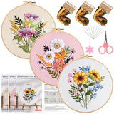 Herdiese Embroidery Kit for Beginners & Adults, 3 PCS Cross Stitch Kit with Floral Patterns – Complete Starter Set with Hoop, Pre-Printed Fabrics, Threads, 9 Needles & Scissors