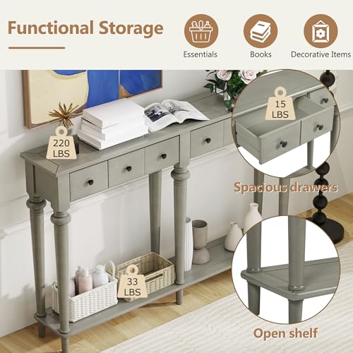 Knocbel Retro Console Table with 4 Drawers and Open Shelf, Vintage Sofa Tables with Slim Legs for Entryway Living Room 59.8" W x 11" D x 34" H Grey Wash Knocbel