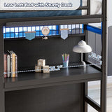 Low Loft Bed Twin Size with 7 Storage Drawers, Desk and LED Lights, Heavy Duty Metal Kids Loft Bed with 12" H Safety Guardrail, Anti-Collision Pad, Private Play Curtain, Under-Bed Play Space - Black Jocoevol