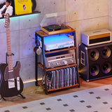 4-Tier AV Media Stand with Power Strips, Heavy Duty Stereo Cabinet Stand with LED Lights, Wooden Record Player Stand with 2 Hooks, Audio Stand Furniture Perfect for DVD Player/Game Console/TV Box/Xbox X-cosrack