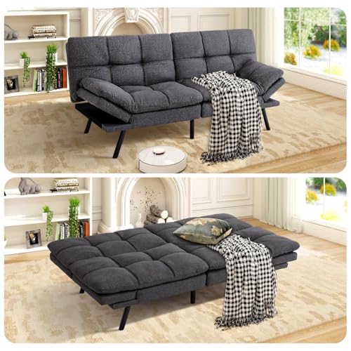 MUUEGM Futon Sofa Bed 71" Gunmetal Convertible Memory Foam Futon Couch Bed Modern Loveseat Sleeper with Adjustable Backrests Armrests for Living Room,Small Space,Office MUUEGM
