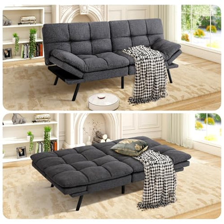 MUUEGM Futon Sofa Bed 71" Gunmetal Convertible Memory Foam Futon Couch Bed Modern Loveseat Sleeper with Adjustable Backrests Armrests for Living Room,Small Space,Office MUUEGM