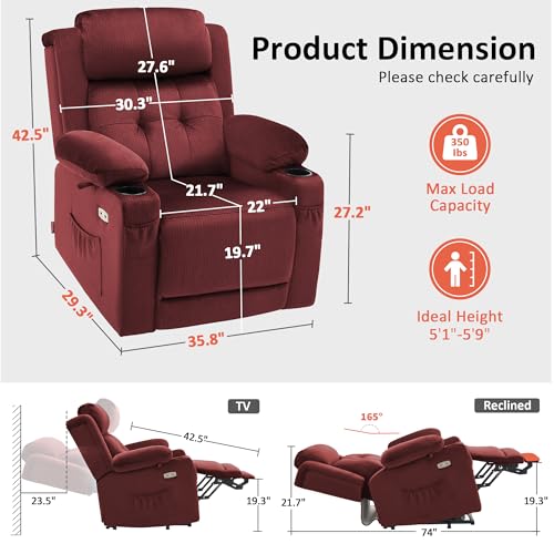 MCombo Triple Motor Power Lift Recliner with Massage and Heat, Electric Recliner Chair for Elderly People, Adjustable Headrest, Infinite Position, Cup Holders, USB Ports, Fabric 7661(Burgundy, Medium)