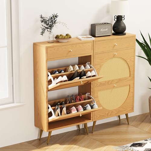 Shintenchi Shoe Rack Storage Cabinet with 2 Semi-Circular Rattan Doors and 1 Drawer, Freestanding Shoe Cabinet with Adjustable Shelf for Front Door Entrance, Hallway, Oak Shintenchi