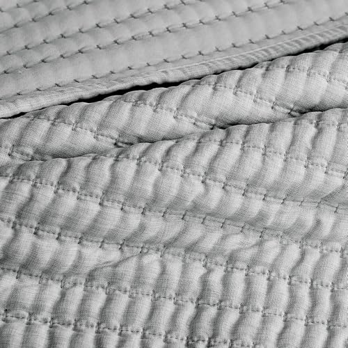WDCOZY Grey Pick Stitch Twin Size Quilt Set, Striped Channel Lightweight Soft All Season Bedspread, Bamboo Linen Like Textured Coverlet, Farmhouse Country Rustic Bedding, Thin Comforter WDCOZY
