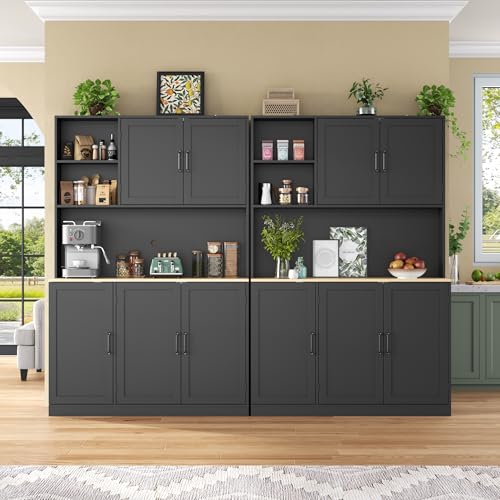 71" Tall kitchen Pantry Storage Cabinet, Modern Kitchen Hutch with 3 Pull-out Drawers, Kitchen Pantries with Microwave Stand & Door Shelf, Food Pantry with Adjustable Shelves for Dining Room (Black) Gyfimoie