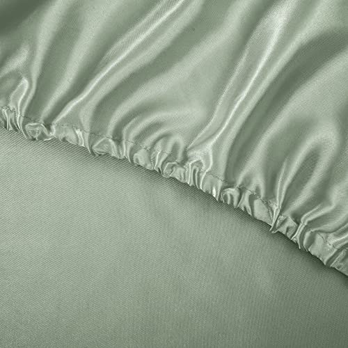 TREELY 6 Piece Queen Size Satin Sheets Set - Silky Smooth Sage Green With Deep Pocket, Fitted Sheet, Flat Sheet, 4 Pillowcases TREELY