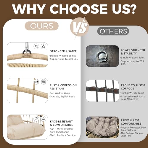 Nicesoul Outdoor Hanging Egg Chair Without Stand, Patio Wicker Swing Egg Basket Chairs with Padded Cushion, 350 Lbs Comfy Cozy Ceiling Tree Swinging Egg-Shaped Chair No Stand for Indoor Balcony, Beige NICESOUL