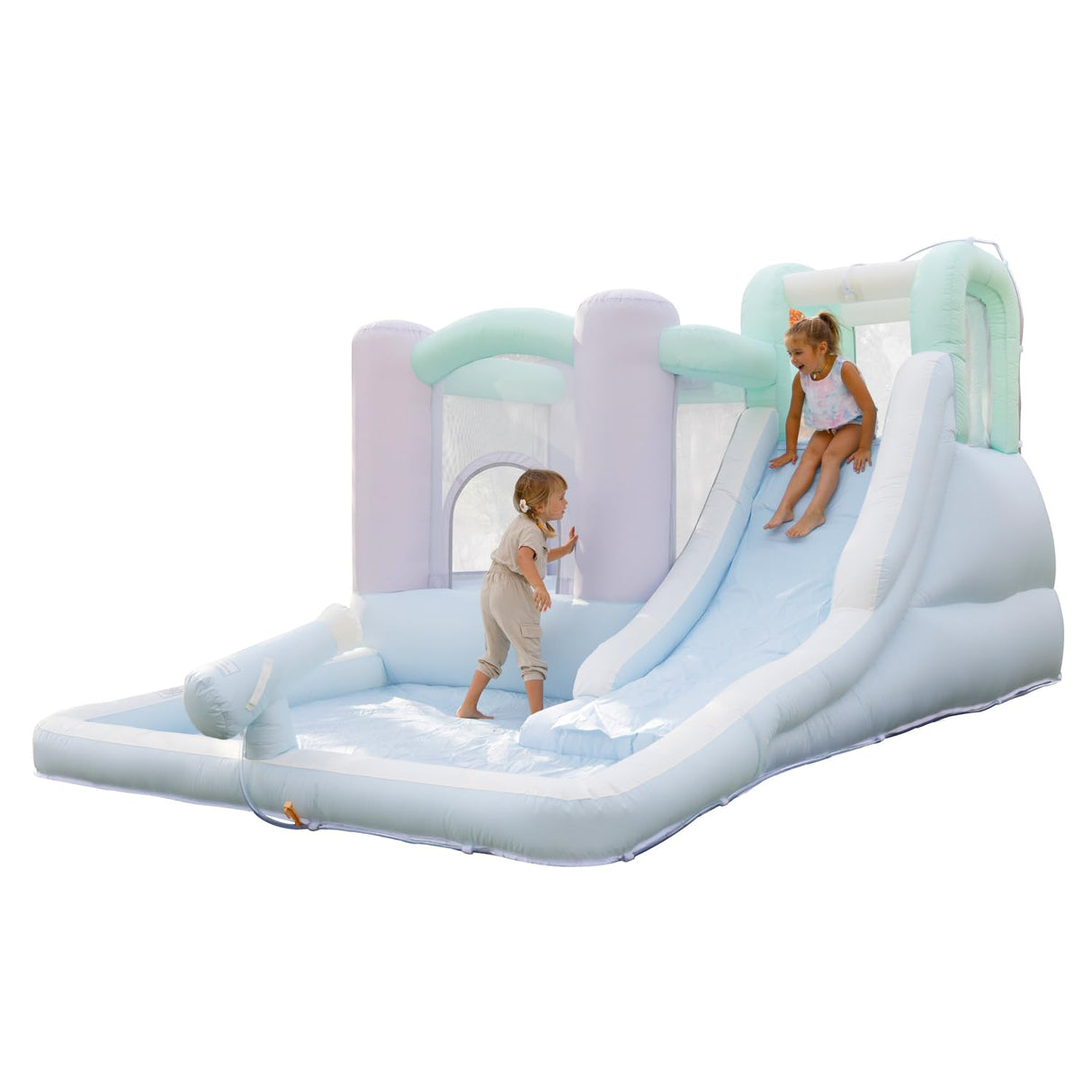 Bounceland Splash Zone Dream Wet or Dry Bounce House Water Slide, 11.5ftL x 9ftW x 6ftH, Pastel Color, Spacious Bounce Area, Splash Pool, Climbing Wall, Blower Included, Trendy Kids Outdoor Play Bounceland