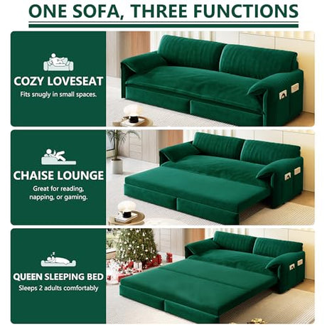 UPYOOE 63.8" Futon Sofa Bed Queen Size, Pull Out Bed, 3-in-1 Convertible Sleeper Sofa with Side Pocket, Modern Velvet Futon Couch for Living Room, Small Space, Apartment, Bedroom, Green UPYOOE