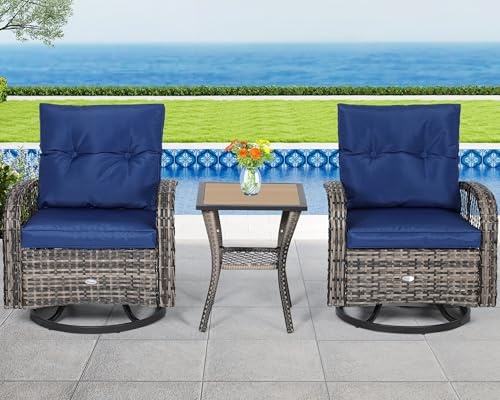 YITAHOME 3 Piece Patio Outdoor Swivel Glider Rocker Wicker Patio Bistro Rocking Set with Wood-Grain Table for Garden, Backyard and Balcony (Navy Blue) - WoodArtSupply