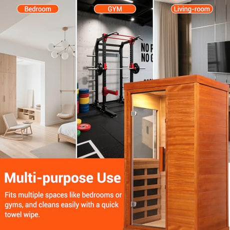Bowear Far Infrared Sauna for 1-2 Person, 110V 1120W Indoor Home Sauna with Bluetooth Audio, 7 Colors Light Therapy, Reading Lamp, Time & Temperature Adjustable, Oguman Wood Dry Sauna Bowear