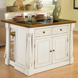 Home Styles Monarch White Kitchen Island with Distressed Oak Top, Black Granite Top Inset, Hardwood, Breakfast Bar, Two Drawers, Two Wood Panel Doors, and Adjustable Shelves homestyles