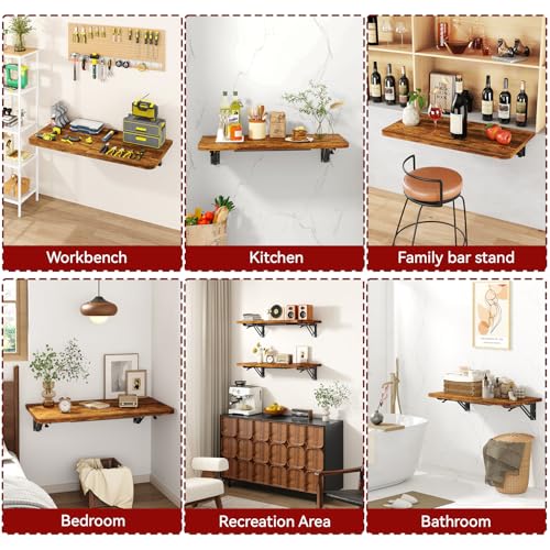 IBUYKE Wall Mounted Folding Table, Floating Wall Desk for Small Spaces, Fold Down Laundry Shelf with Heavy-Duty Brackets, Wall Table for Home Office/Bar/Kitchen/Dining, Rustic Brown UTVT005H IBUYKE