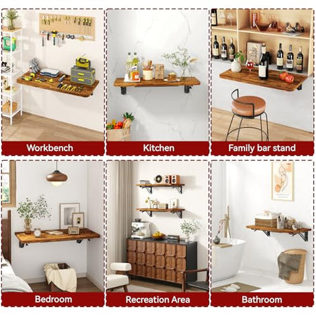 IBUYKE Wall Mounted Folding Table, Floating Wall Desk for Small Spaces, Fold Down Laundry Shelf with Heavy-Duty Brackets, Wall Table for Home Office/Bar/Kitchen/Dining, Rustic Brown UTVT005H IBUYKE