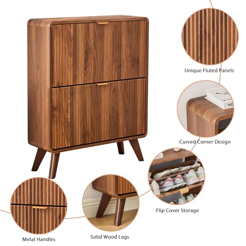 RARZOE Fluted Shoe Storage Cabinet with 2 Flip Drawers, Narrow Curved Shoe Cabinet for Entryway, Freestanding Wood Hidden Shoe Organizer Closed Shoe Rack Cabinet for Foyer, Hallway (27.5''Walnut) RARZOE