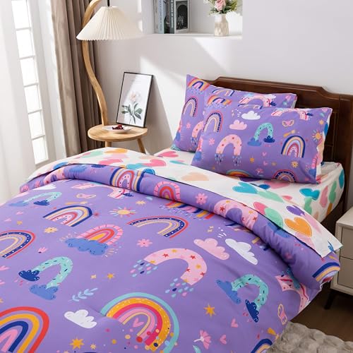 Btargot 5 Piece Dark Purple Rainbow Comforter Set for Girls Boys Kids, Twin Size Cartoon Love Hearts Flowers and Sun Star Bedding Set, Bed in a Bag with Comforter, Sheets and Pillowcases Btargot