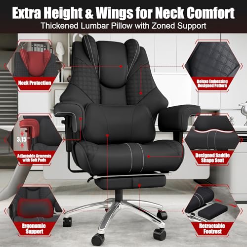 600lbs Big and Tall Office Chair, Wide Ergonomic Leather Executive Chair for Heavy People with Foot Rest, High-Back Reclining Computer Chair with Swivel Wheels and Lumbar Support (Black) Box DesignLab