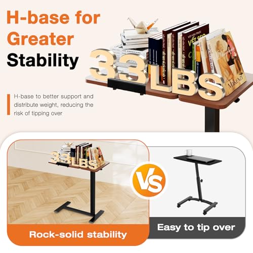 NEWBULIG Overbed Bedside Table Adjustable with Wheels, Small Rolling Standing Desk Portable Laptop PC Desks Side Computer Tray Stand Up with Tilting Top & Gas Lift for Home Office and Bedroom Brown NEWBULIG